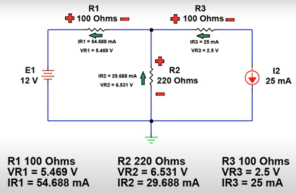 Polarity and voltage of each resistor