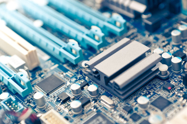 Computer chip transistors on a circuit board