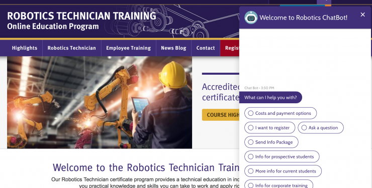robotics webpage with chatbot in right